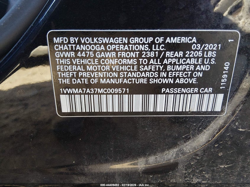 2021 Volkswagen Passat 2.0T R-Line VIN: 1VWMA7A37MC009571 Lot: 44409492