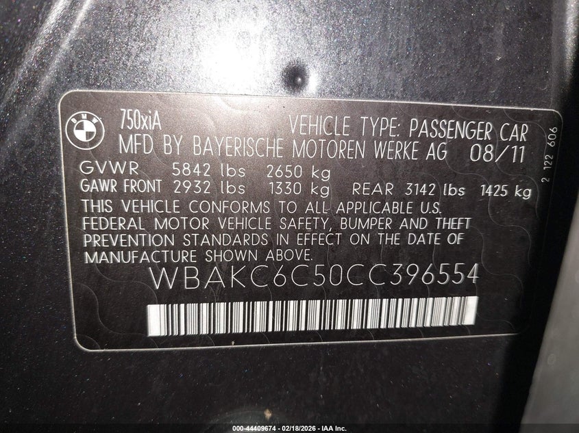 2012 BMW 750I xDrive VIN: WBAKC6C50CC396554 Lot: 44409674