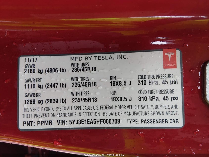 2017 Tesla Model 3 Long Range/Standard VIN: 5YJ3E1EA5HF000708 Lot: 44409905