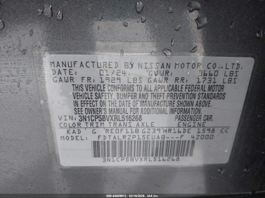 2024 NISSAN KICKS 1.6L I-4 DOHC, VVT, (VIN: 3N1CP5BVXRL516268