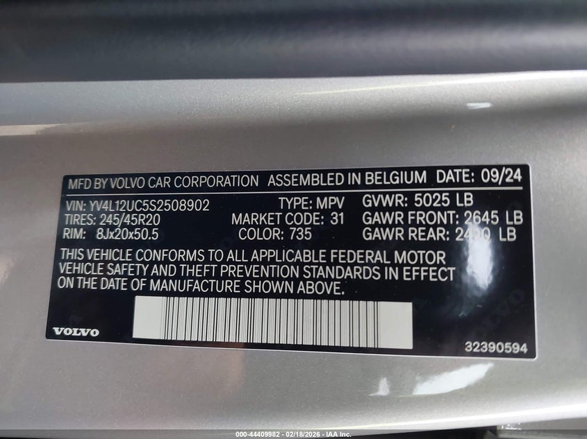 2025 VOLVO XC40 2.0L I-4 DI, DOHC, V(VIN: YV4L12UC5S2508902