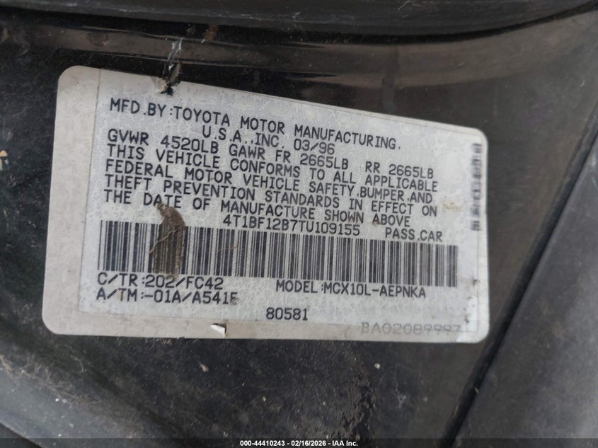 1996 Toyota Avalon Xl/Xls VIN: 4T1BF12B7TU109155 Lot: 44410243