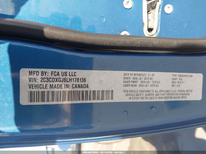 2020 Dodge Charger Scat Pack Rwd VIN: 2C3CDXGJ6LH178136 Lot: 44410304