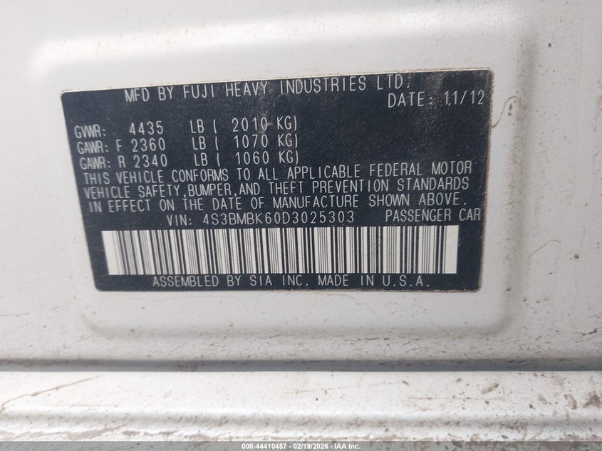 2013 Subaru Legacy 2.5I Limited VIN: 4S3BMBK60D3025303 Lot: 44410457