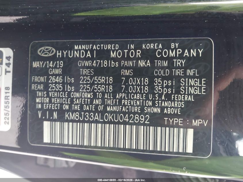 2019 Hyundai Tucson Limited VIN: KM8J33AL0KU042892 Lot: 44410859