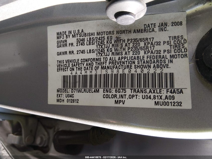 2008 Mitsubishi Endeavor Se VIN: 4A4MM31S98E040222 Lot: 44410878