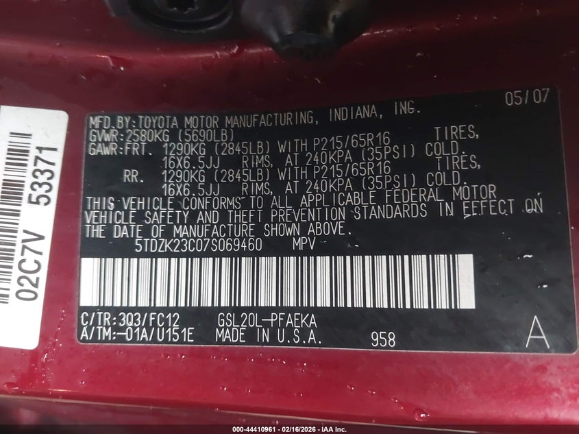 Auction sale of the 2007 TOYOTA SIENNA , vin: 5TDZK23C07S069460, lot number: 44410961