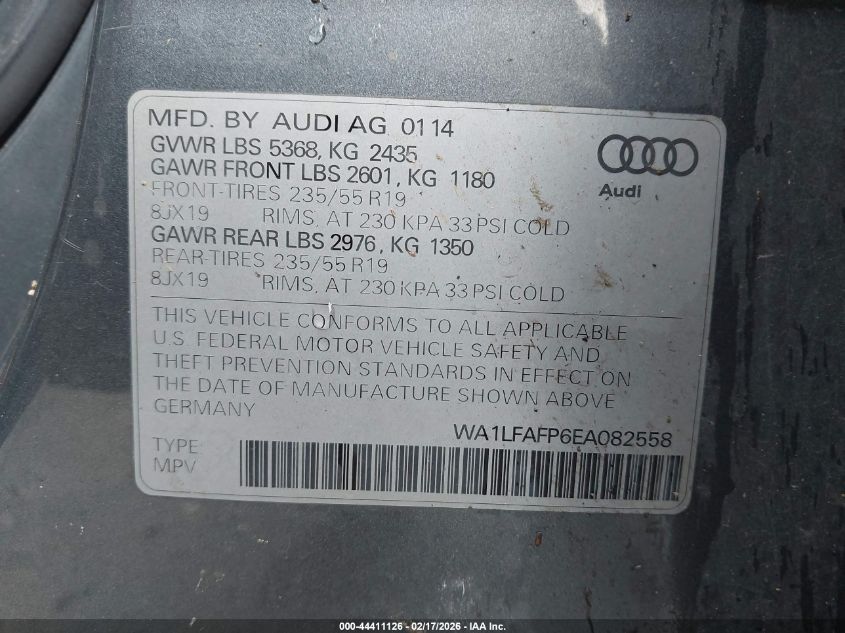 2014 Audi Q5 2.0T Premium VIN: WA1LFAFP6EA082558 Lot: 44411126