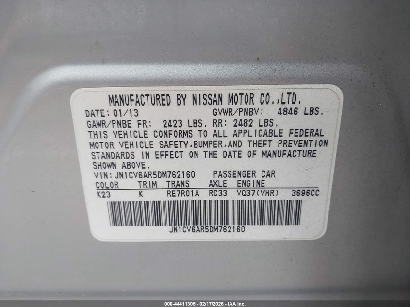 2013 Infiniti G37X VIN: JN1CV6AR5DM762160 Lot: 44411305