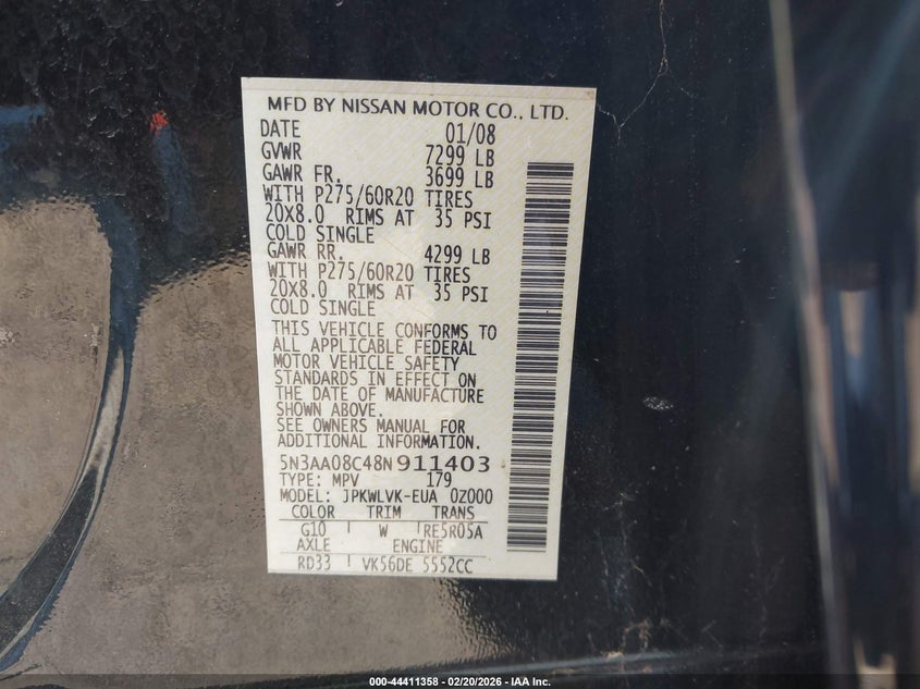 2008 Infiniti Qx56 VIN: 5N3AA08C48N911403 Lot: 44411358