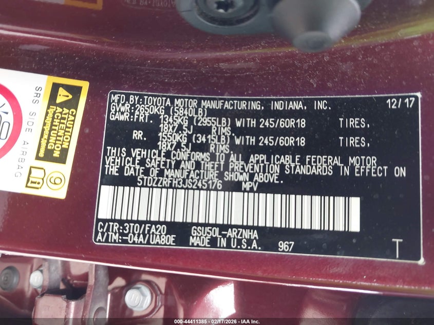 VIN 5TDZZRFH3JS245176 2018 TOYOTA HIGHLANDER LE PLUS