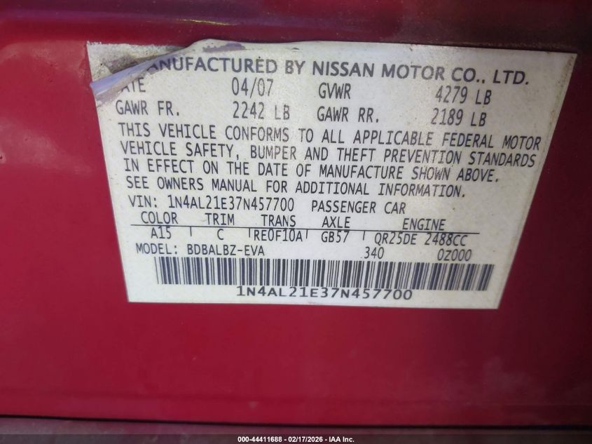 2007 Nissan Altima 2.5 S VIN: 1N4AL21E37N457700 Lot: 44411688