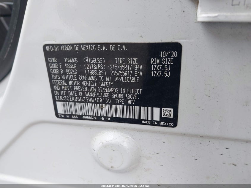 2021 HONDA HR-V 1.8L I-4 VVT, 141HP(VIN: 3CZRU6H35MM708139