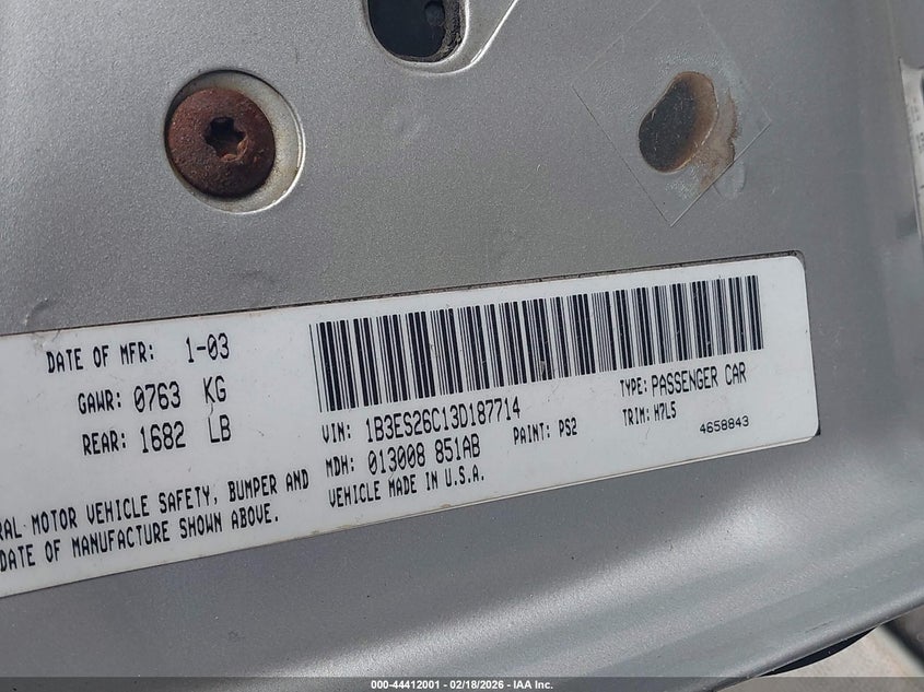 2003 Dodge Neon Se VIN: 1B3ES26C13D187714 Lot: 44412001