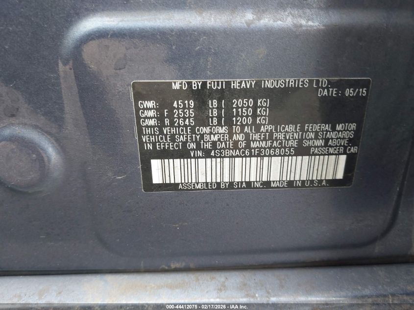 2015 Subaru Legacy 2.5I Premium VIN: 4S3BNAC61F3068055 Lot: 44412075