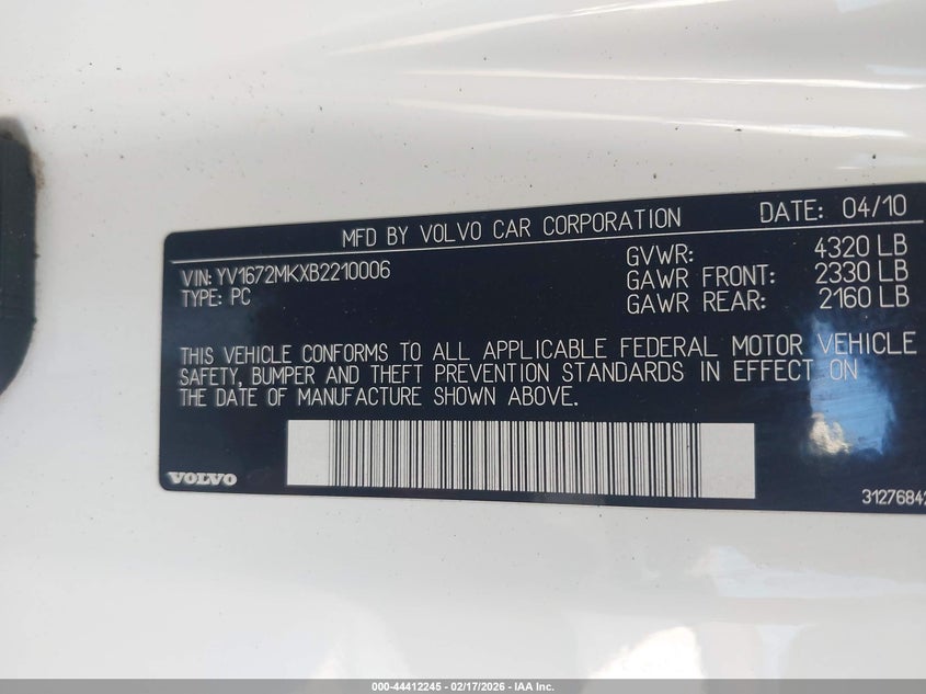 2011 Volvo C30 T5/T5 R-Design VIN: YV1672MKXB2210006 Lot: 44412245