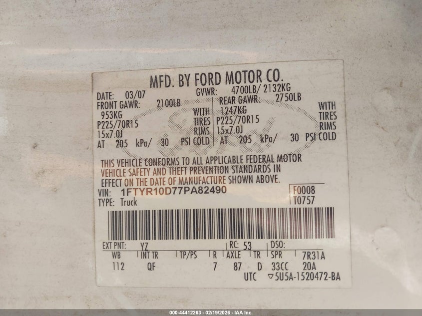 2007 Ford Ranger Stx/Xl/Xlt VIN: 1FTYR10D77PA82490 Lot: 44412263