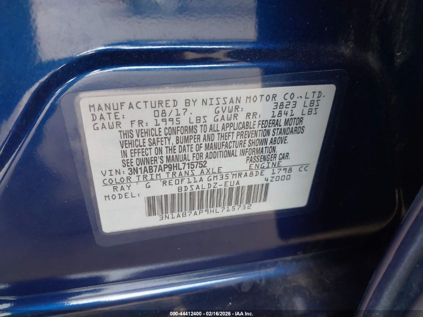 2017 Nissan Sentra Sv VIN: 3N1AB7AP9HL715752 Lot: 44412400