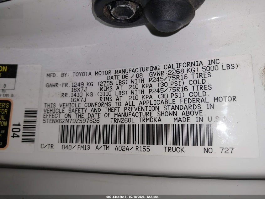 2009 Toyota Tacoma Prerunner VIN: 5TENX62N79Z597626 Lot: 44412615