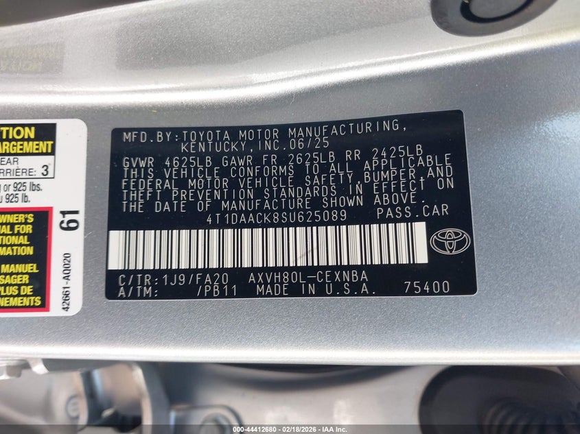 VIN 4T1DAACK8SU625089 2025 TOYOTA CAMRY LE