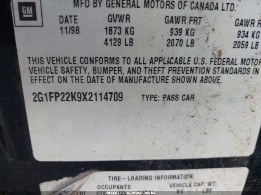 1999 Chevrolet Camaro VIN: 2G1FP22K9X2114709 Lot: 44412778