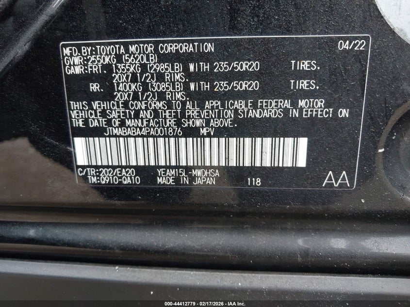 2023 Toyota Bz4X Limited VIN: JTMABABA4PA001876 Lot: 44412779