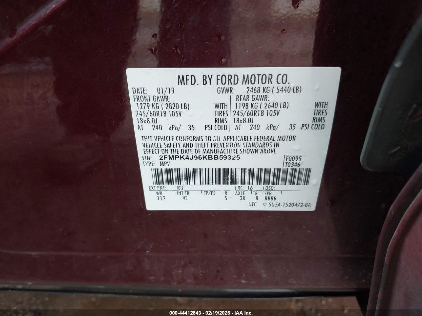 2019 Ford Edge Sel VIN: 2FMPK4J96KBB59325 Lot: 44412843