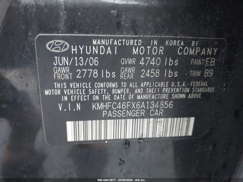 2006 Hyundai Azera Limited/Se VIN: KMHFC46FX6A134856 Lot: 44412877