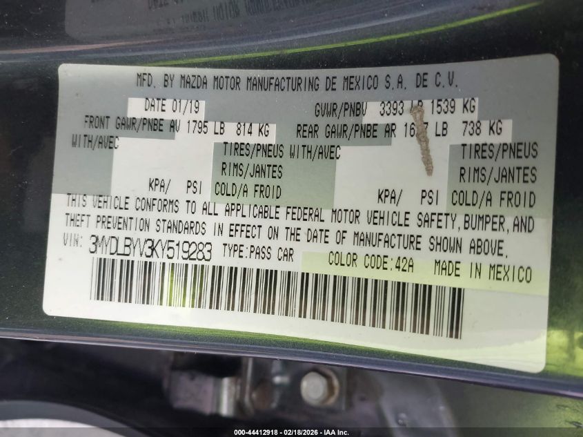 2019 Toyota Yaris Le VIN: 3MYDLBYV3KY519283 Lot: 44412918