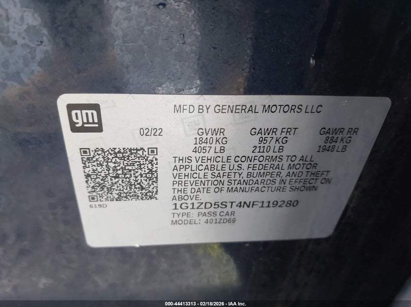 VIN 1G1ZD5ST4NF119280 2022 CHEVROLET MALIBU FWD LT