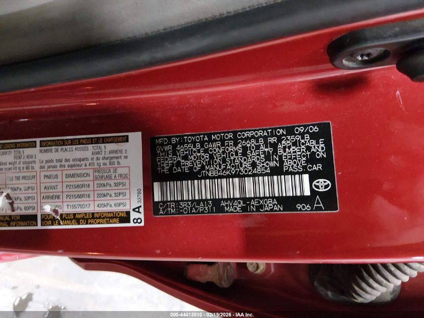 2007 Toyota Camry Hybrid VIN: JTNBB46K973024854 Lot: 44413510