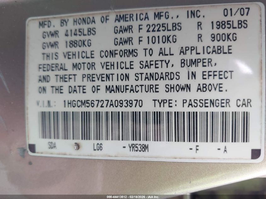 2007 Honda Accord 2.4 Ex VIN: 1HGCM56727A093970 Lot: 44413512