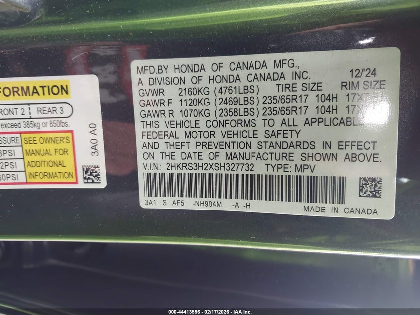 2025 Honda Cr-V Lx 2Wd VIN: 2HKRS3H2XSH327732 Lot: 44413556