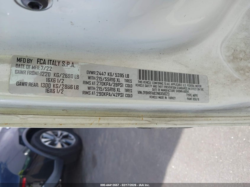 2022 Ram Promaster City Cargo Van VIN: ZFBHRFAB2N6X51023 Lot: 44413557