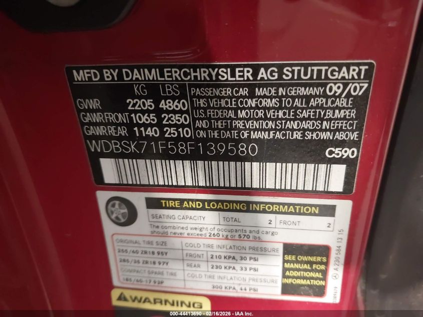 2008 Mercedes-Benz Sl 550 VIN: WDBSK71F58F139580 Lot: 44413690