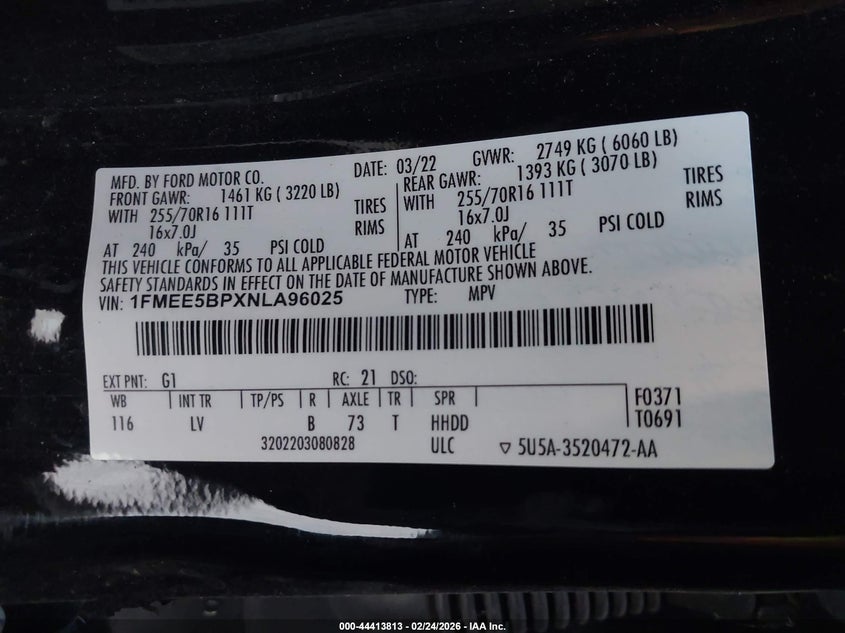 2022 Ford Bronco VIN: 1FMEE5BPXNLA96025 Lot: 44413813