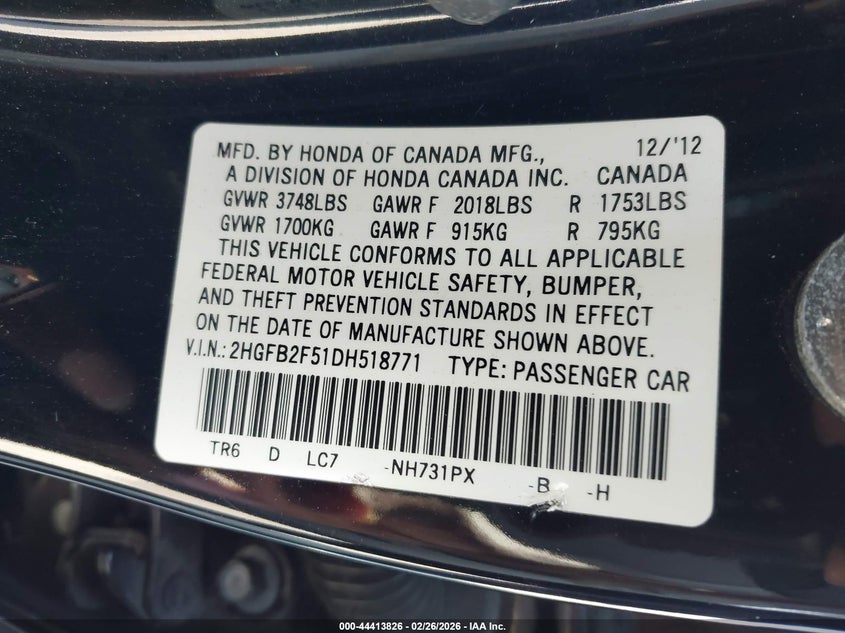 2013 Honda Civic 1.8 Lx black Lot 111044413826 Vin 2HGFB2F51DH518771