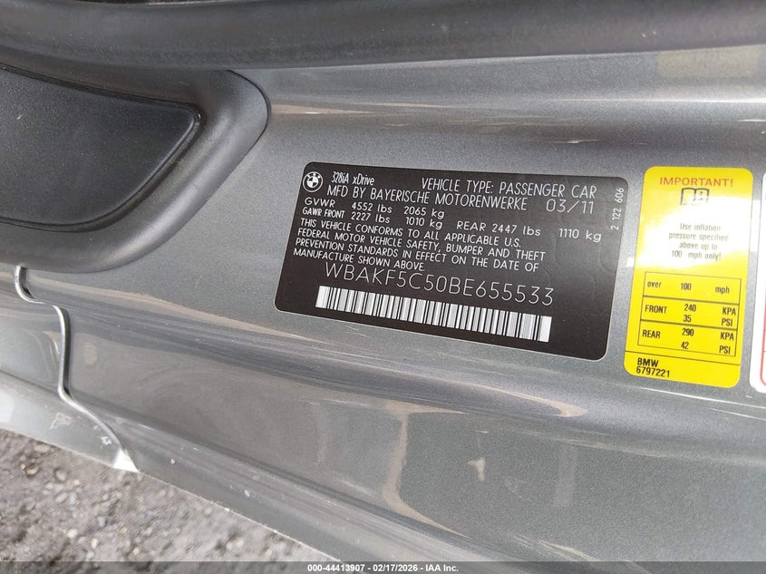 2011 BMW 328I xDrive VIN: WBAKF5C50BE655533 Lot: 44413907