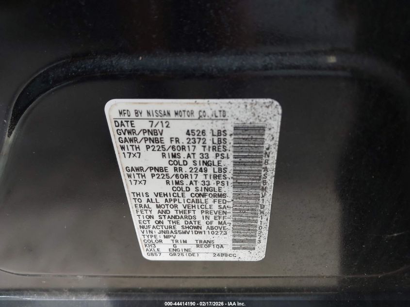 2013 Nissan Rogue Sv VIN: JN8AS5MV1DW110273 Lot: 44414190