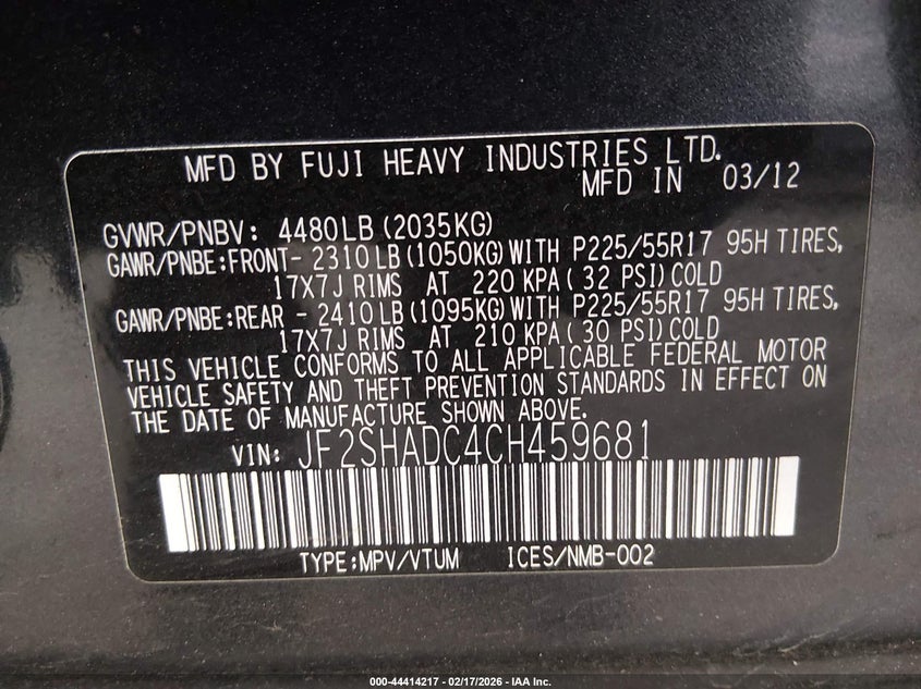 2012 Subaru Forester 2.5 2.5X Premium black Lot 111044414217 Vin JF2SHADC4CH459681