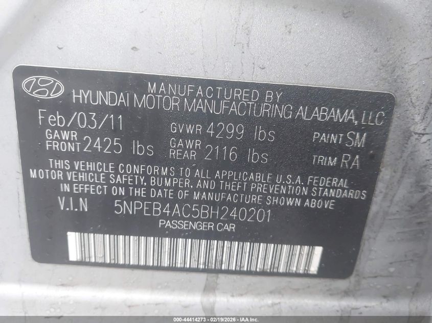 2011 Hyundai Sonata Gls VIN: 5NPEB4AC5BH240201 Lot: 44414273