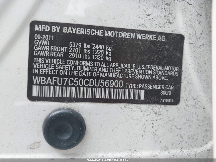2012 BMW 5er 3.0 535I xDrive white Lot 111044414319 Vin WBAFU7C50CDU56900