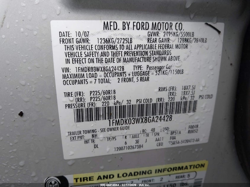 2008 Ford Taurus X Limited VIN: 1FMDK03WX8GA24428 Lot: 44414564