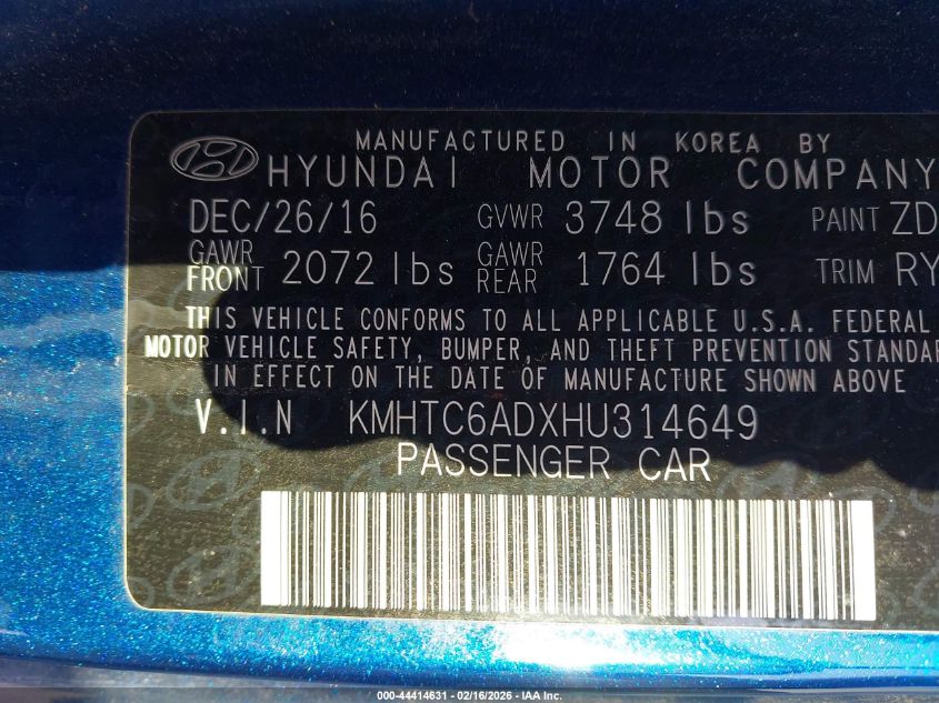 2017 Hyundai Veloster Value Edition VIN: KMHTC6ADXHU314649 Lot: 44414631