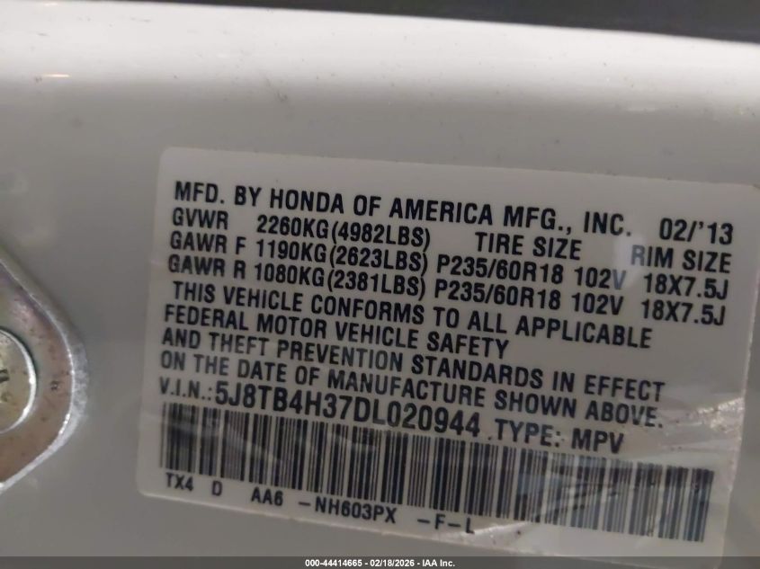 2013 Acura Rdx VIN: 5J8TB4H37DL020944 Lot: 44414665