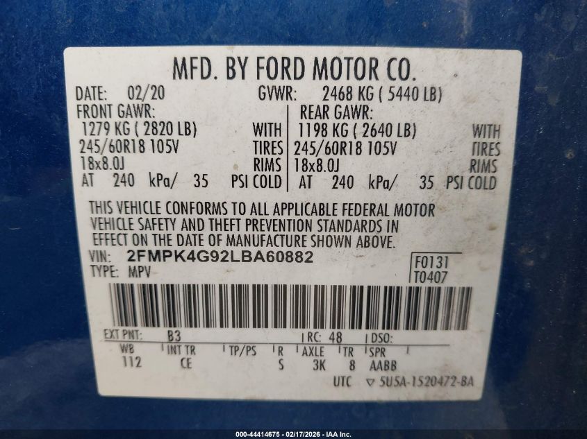 2020 Ford Edge Se VIN: 2FMPK4G92LBA60882 Lot: 44414675