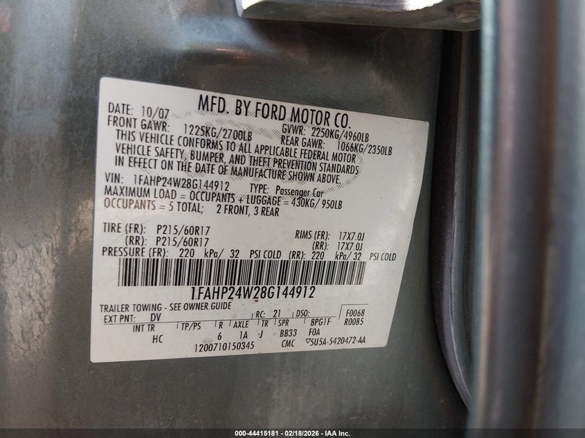 2008 Ford Taurus Sel VIN: 1FAHP24W28G144912 Lot: 44415181