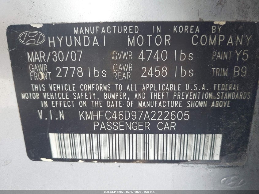 2007 Hyundai Azera Gls VIN: KMHFC46D97A222605 Lot: 44415202