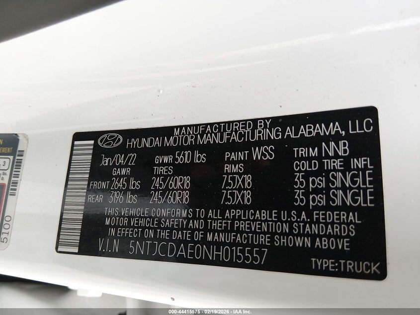 2022 Hyundai Santa Cruz Sel VIN: 5NTJCDAE0NH015557 Lot: 44415575