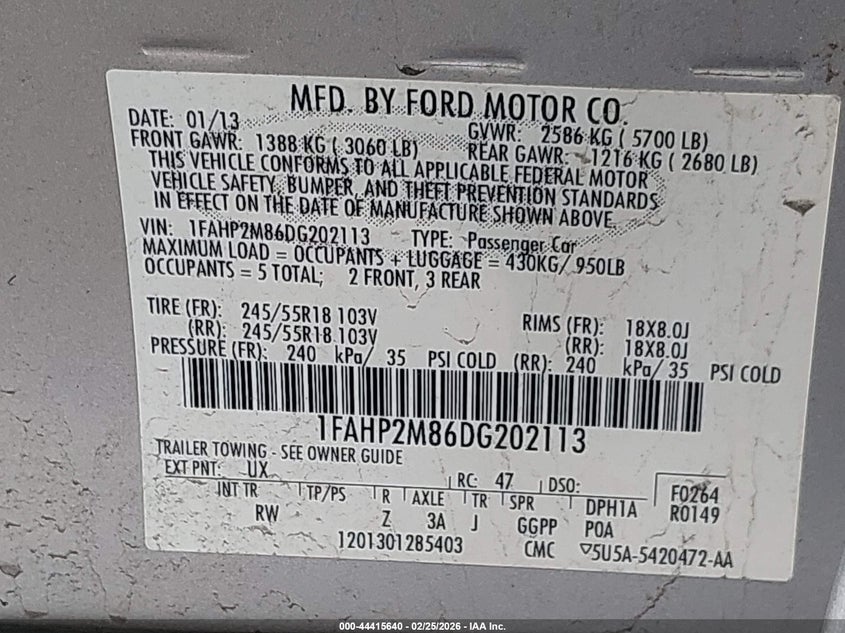 2013 Ford Police Interceptor VIN: 1FAHP2M86DG202113 Lot: 44415640